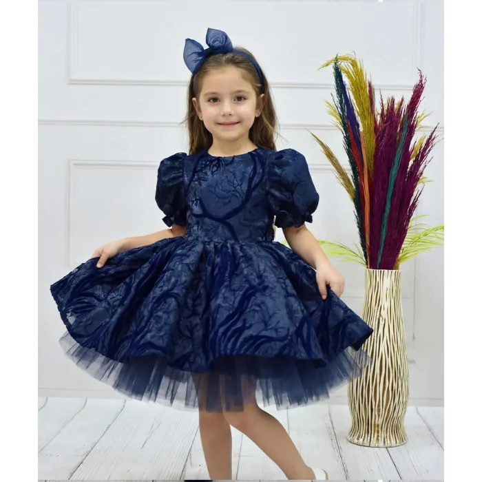Kız Çocuk Lacivert Parıltılı Dalgalı Kloş Balon Kol Kabarık Elbise