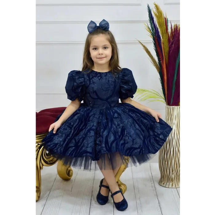 Kız Çocuk Lacivert Parıltılı Dalgalı Kloş Balon Kol Kabarık Elbise