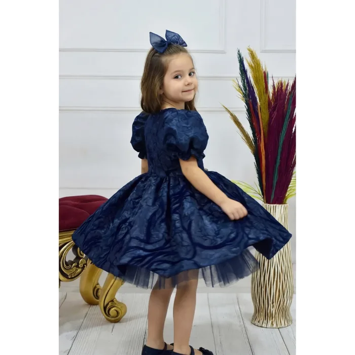 Kız Çocuk Lacivert Parıltılı Dalgalı Kloş Balon Kol Kabarık Elbise