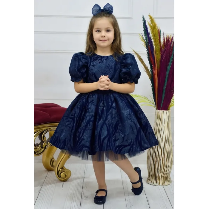 Kız Çocuk Lacivert Parıltılı Dalgalı Kloş Balon Kol Kabarık Elbise