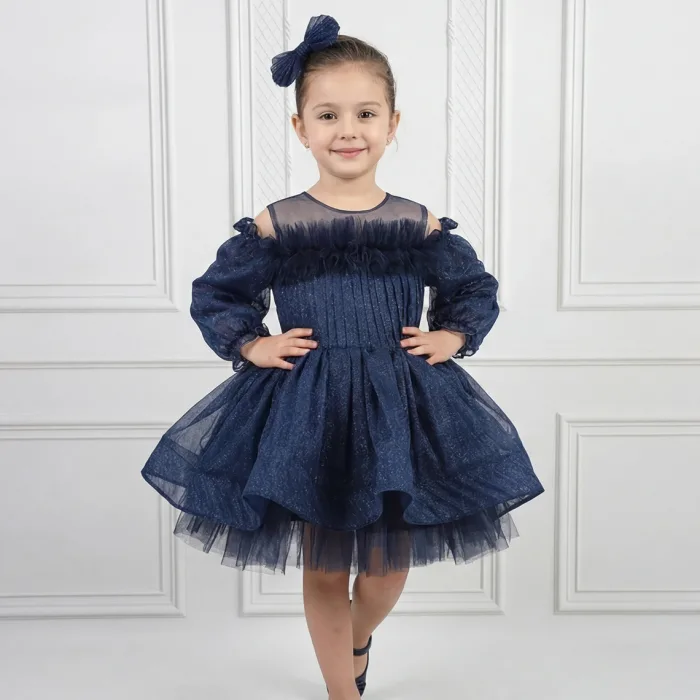 Kız Çocuk Lacivert Parıltılı Üstü Tül Detaylı Kabarık Elbise