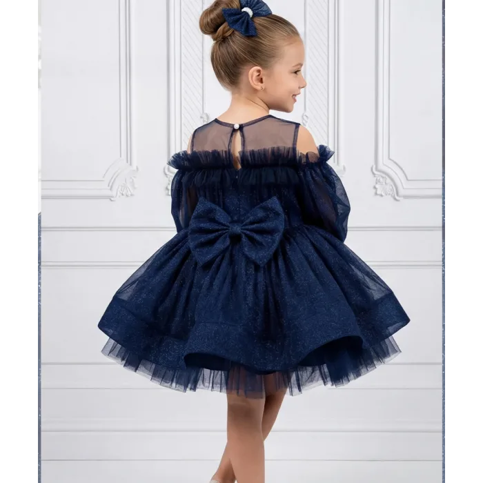 Kız Çocuk Lacivert Parıltılı Üstü Tül Detaylı Kabarık Elbise