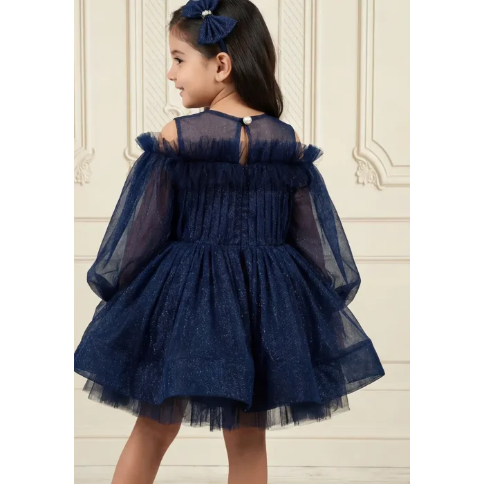 Kız Çocuk Lacivert Parıltılı Üstü Tül Detaylı Kabarık Elbise