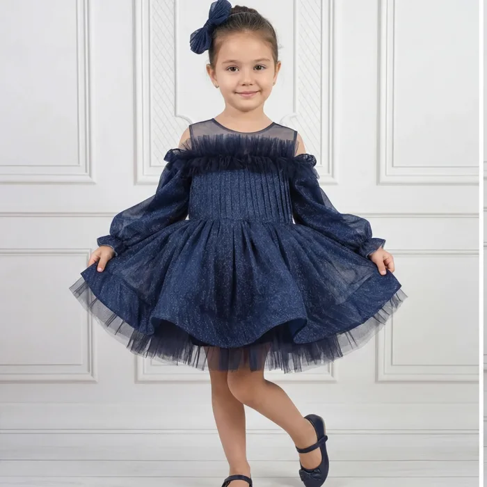 Kız Çocuk Lacivert Parıltılı Üstü Tül Detaylı Kabarık Elbise