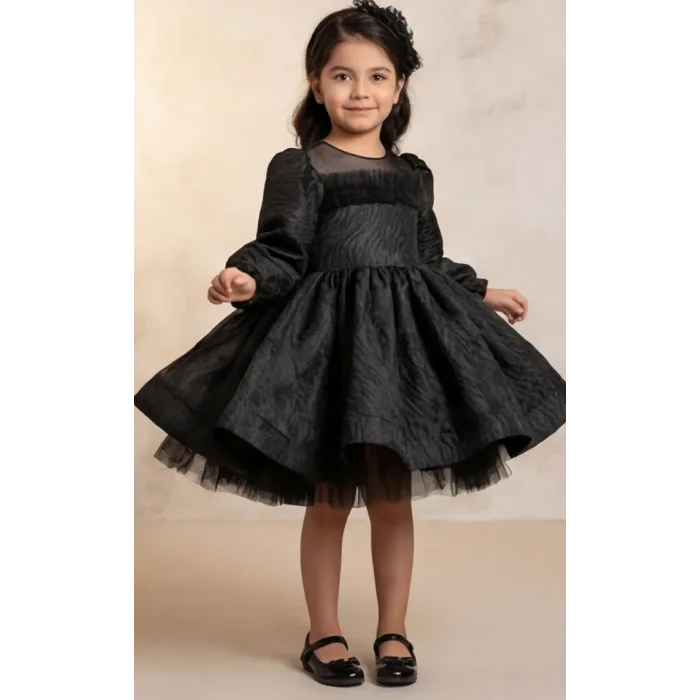 Kız Çocuk Siyah Parıltılı Üstü Tül Detaylı Kabarık Elbise Abiye Gelinlik