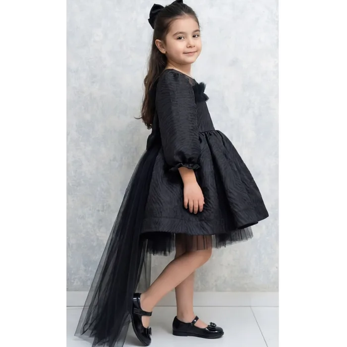 Kız Çocuk Siyah Parıltılı Üstü Tül Detaylı Kabarık Elbise Abiye Gelinlik