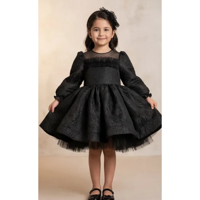 Kız Çocuk Siyah Parıltılı Üstü Tül Detaylı Kabarık Elbise Abiye Gelinlik
