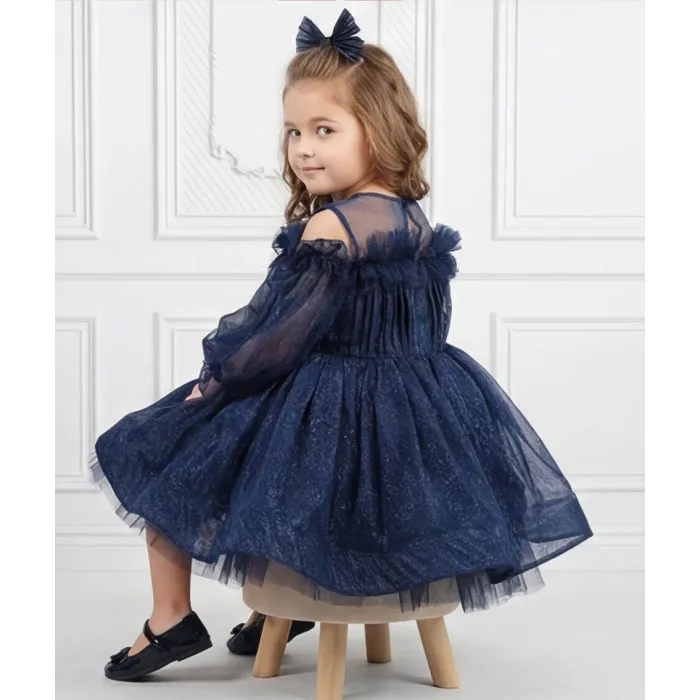 Kız Çocuk Lacivert Parıltılı Üstü Tül Detaylı Kabarık Elbise