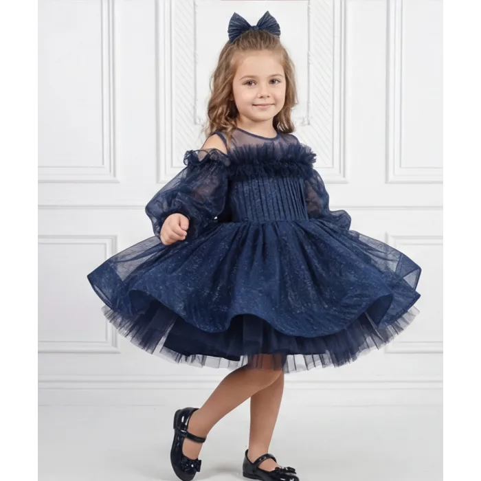 Kız Çocuk Lacivert Parıltılı Üstü Tül Detaylı Kabarık Elbise