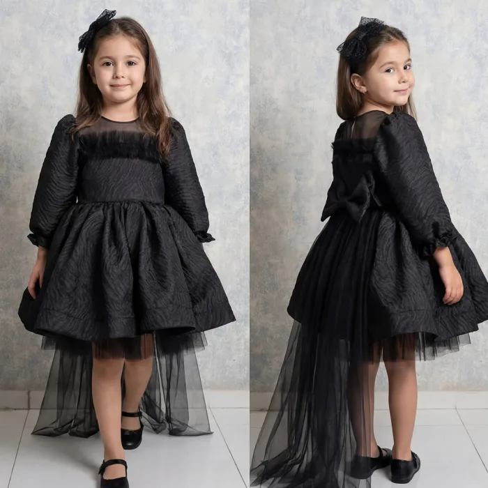Kız Çocuk Siyah Parıltılı Üstü Tül Detaylı Kabarık Elbise Abiye Gelinlik