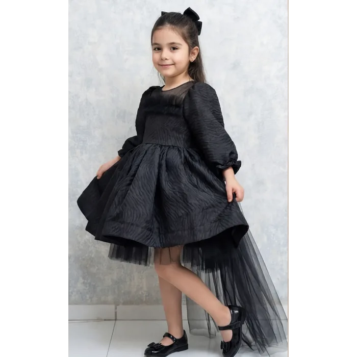 Kız Çocuk Siyah Parıltılı Üstü Tül Detaylı Kabarık Elbise Abiye Gelinlik