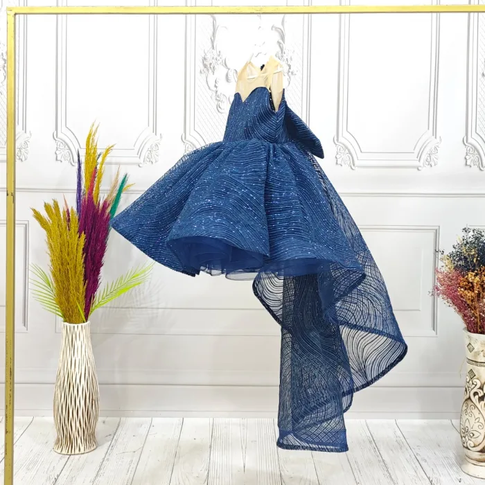 Kız Çocuk Lacivert Payetli Parıltılı  Dalgalı Kuyruklu Kabarık Elbise