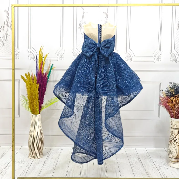 Kız Çocuk Lacivert Payetli Parıltılı  Dalgalı Kuyruklu Kabarık Elbise