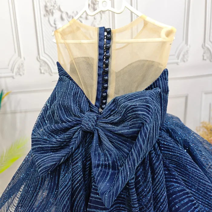 Kız Çocuk Lacivert Payetli Parıltılı  Dalgalı Kuyruklu Kabarık Elbise