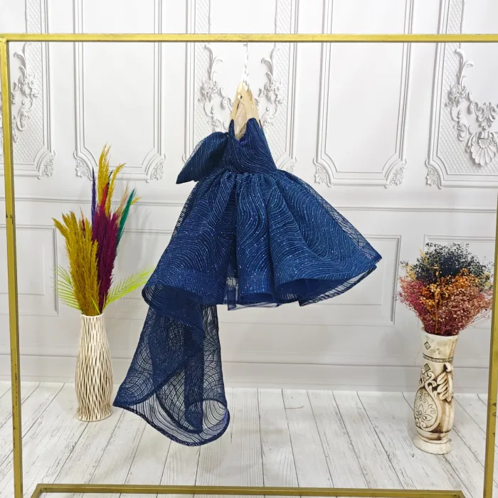 Kız Çocuk Lacivert Payetli Parıltılı  Dalgalı Kuyruklu Kabarık Elbise