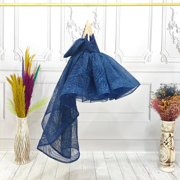 Kız Çocuk Lacivert Payetli Parıltılı  Dalgalı Kuyruklu Kabarık Elbise