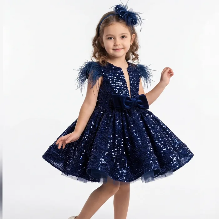 Kız Çocuk Lacivert Payetli Tüy Detaylı Uzun Kol Bisiklet Yaka Grenli Kabarık Elbise