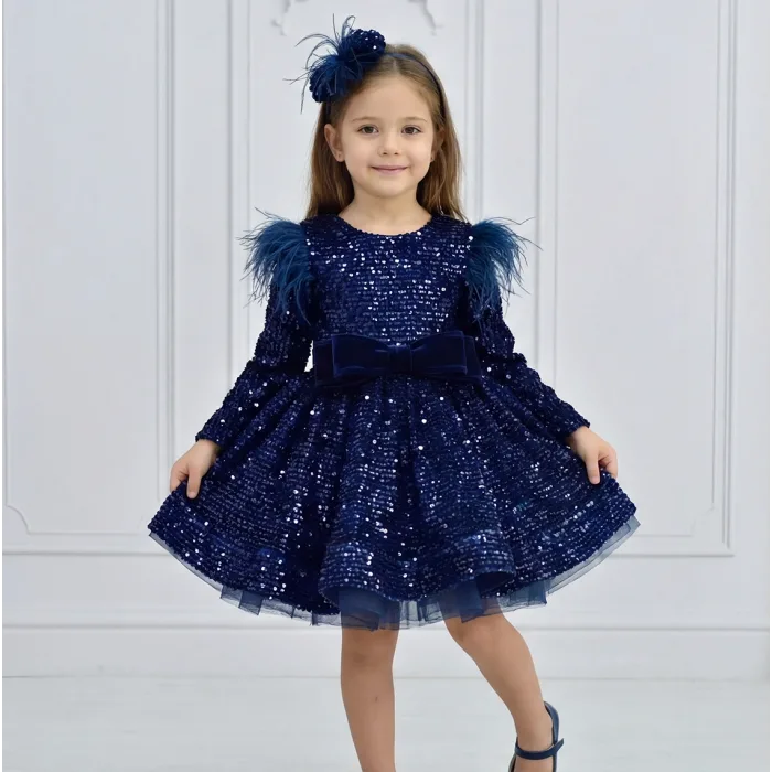 Kız Çocuk Lacivert Payetli Tüy Detaylı Uzun Kol Bisiklet Yaka Grenli Kabarık Elbise