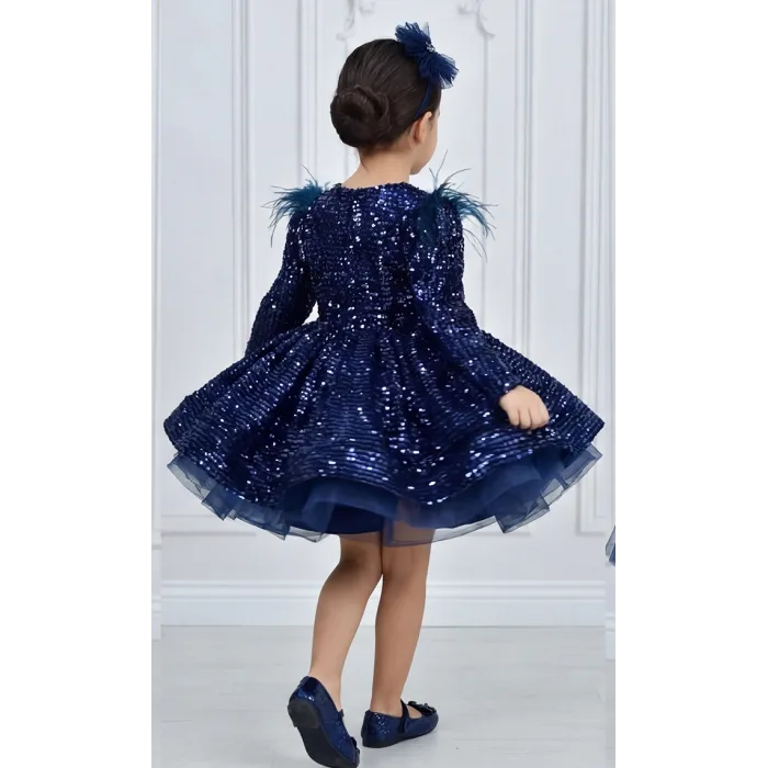Kız Çocuk Lacivert Payetli Tüy Detaylı Uzun Kol Bisiklet Yaka Grenli Kabarık Elbise