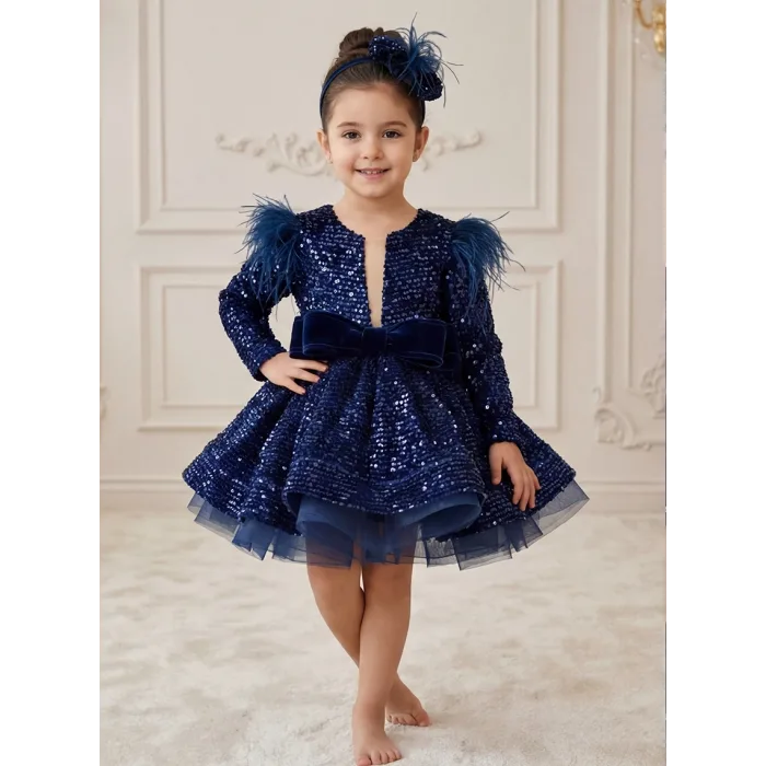 Kız Çocuk Lacivert Payetli Tüy Detaylı Uzun Kol Bisiklet Yaka Grenli Kabarık Elbise