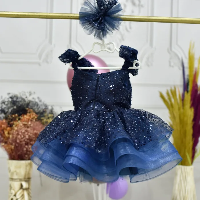 Kız Çocuk Lacivert Taşlı Boncuklu Çift Fiyonk Elbise