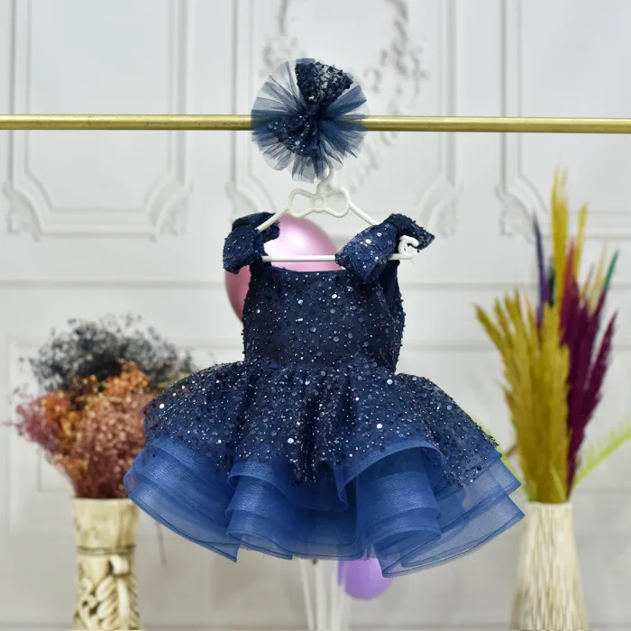 Kız Çocuk Lacivert Taşlı Boncuklu Çift Fiyonk Elbise