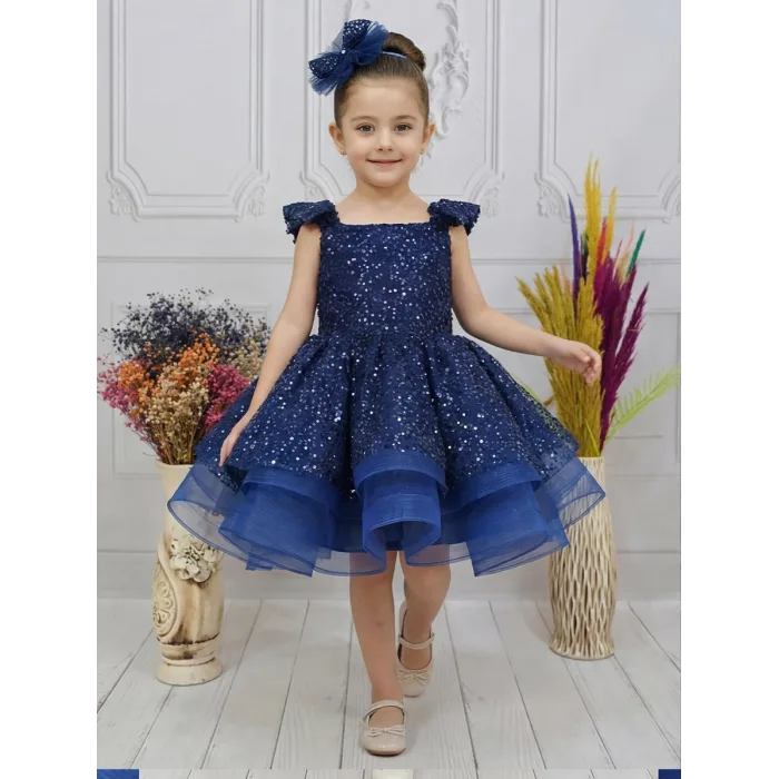 Kız Çocuk Lacivert Taşlı Boncuklu Çift Fiyonk Elbise