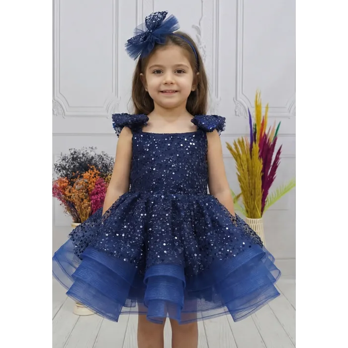 Kız Çocuk Lacivert Taşlı Boncuklu Çift Fiyonk Elbise