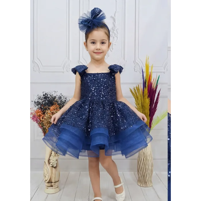 Kız Çocuk Lacivert Taşlı Boncuklu Çift Fiyonk Elbise