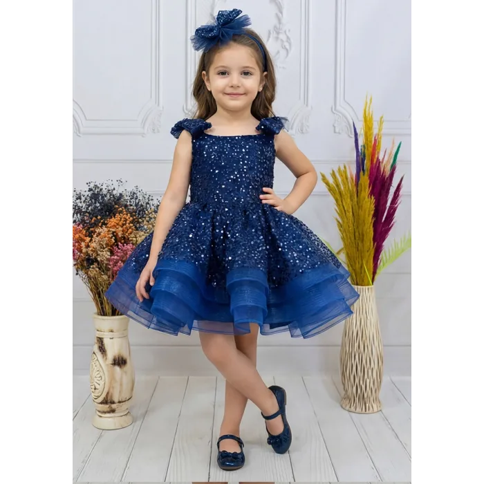 Kız Çocuk Lacivert Taşlı Boncuklu Çift Fiyonk Elbise