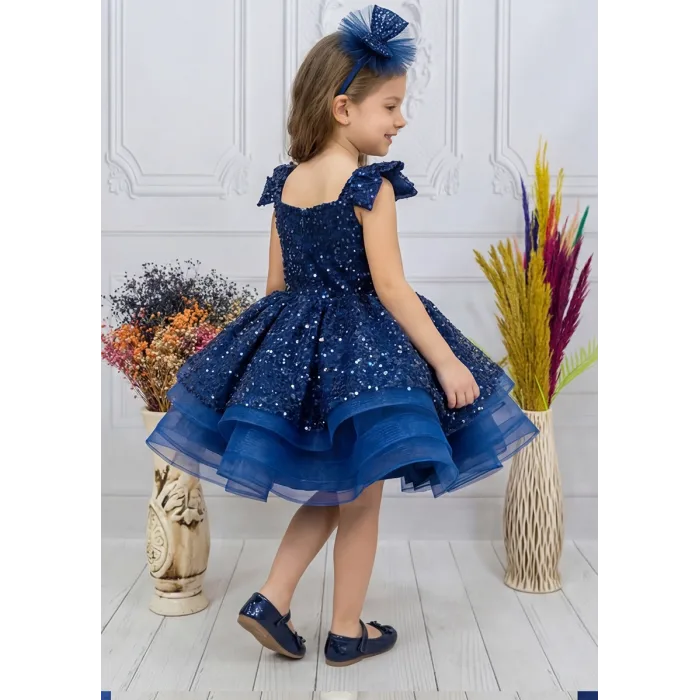 Kız Çocuk Lacivert Taşlı Boncuklu Çift Fiyonk Elbise