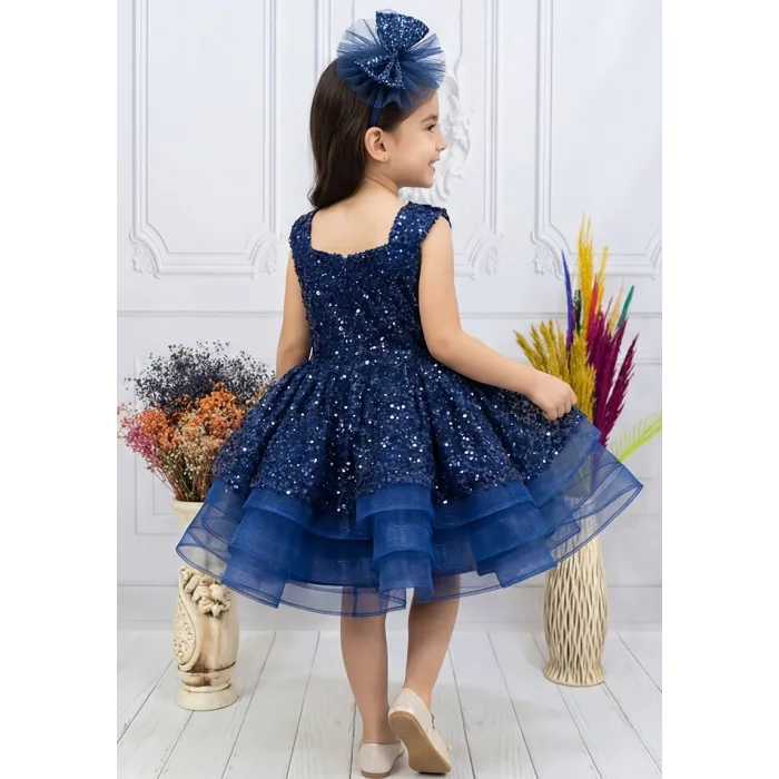 Kız Çocuk Lacivert Taşlı Boncuklu Çift Fiyonk Elbise