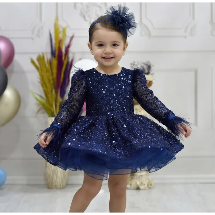 Kız Çocuk Lacivert Taşlı Boncuklu Kabarık Uzun Kol Parıltılı Elbise