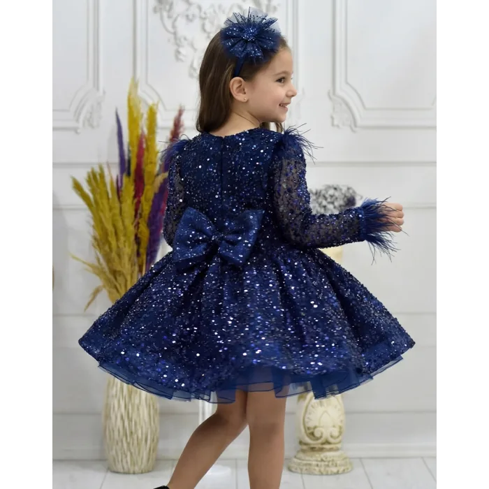Kız Çocuk Lacivert Taşlı Boncuklu Kabarık Uzun Kol Parıltılı Elbise