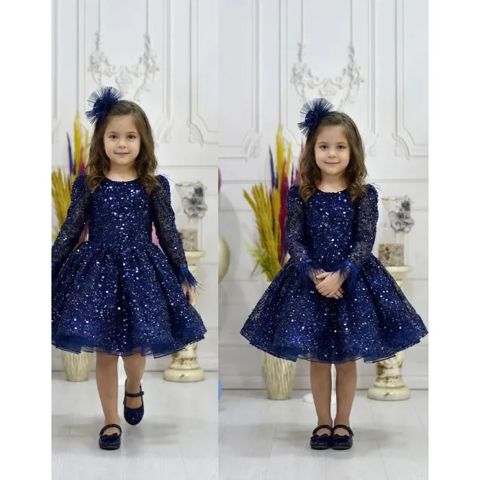 Kız Çocuk Lacivert Taşlı Boncuklu Kabarık Uzun Kol Parıltılı Elbise