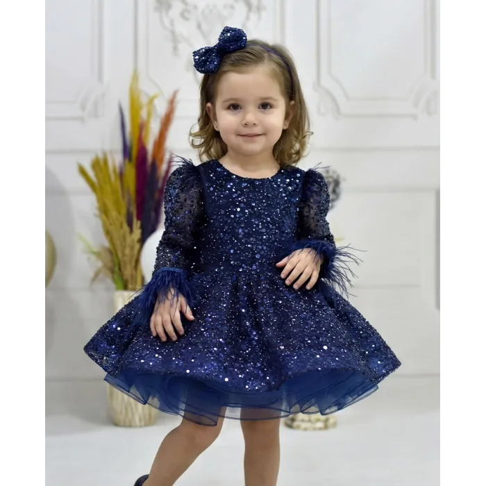 Kız Çocuk Lacivert Taşlı Boncuklu Kabarık Uzun Kol Parıltılı Elbise