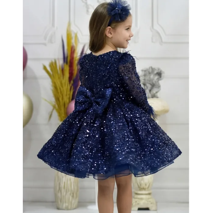 Kız Çocuk Lacivert Taşlı Boncuklu Kabarık Uzun Kol Parıltılı Elbise