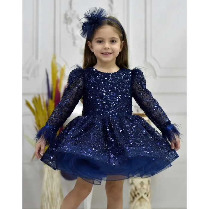 Kız Çocuk Lacivert Taşlı Boncuklu Kabarık Uzun Kol Parıltılı Elbise