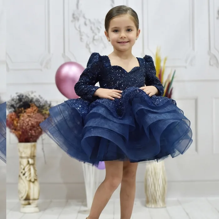 Kız Çocuk Lacivert Uzun Kol Kalp Detaylı Taşlı Boncuklu Elbise