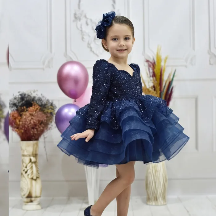 Kız Çocuk Lacivert Uzun Kol Kalp Detaylı Taşlı Boncuklu Elbise