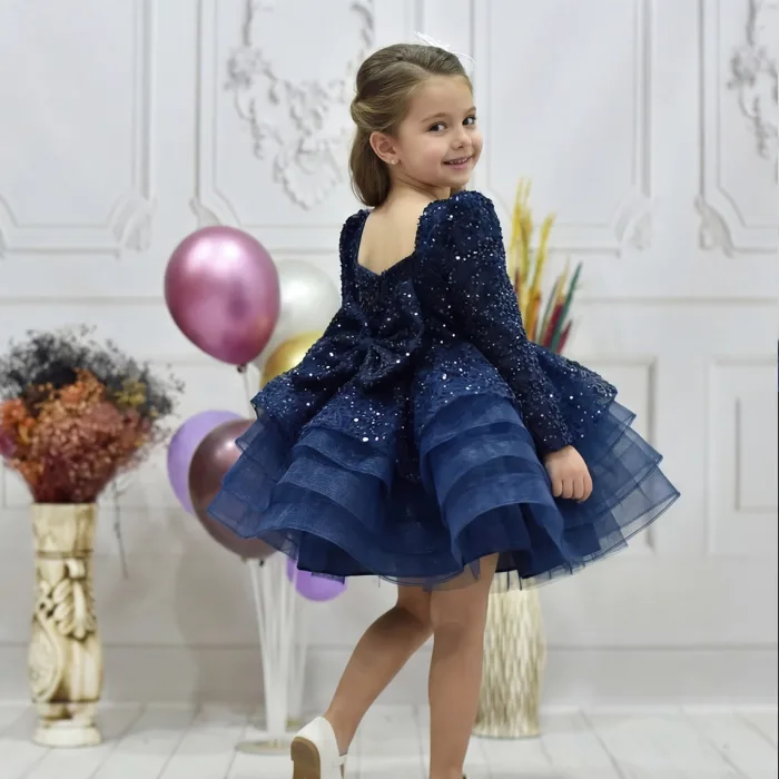 Kız Çocuk Lacivert Uzun Kol Kalp Detaylı Taşlı Boncuklu Elbise