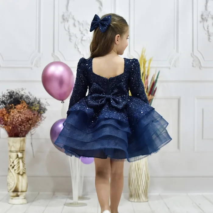 Kız Çocuk Lacivert Uzun Kol Kalp Detaylı Taşlı Boncuklu Elbise