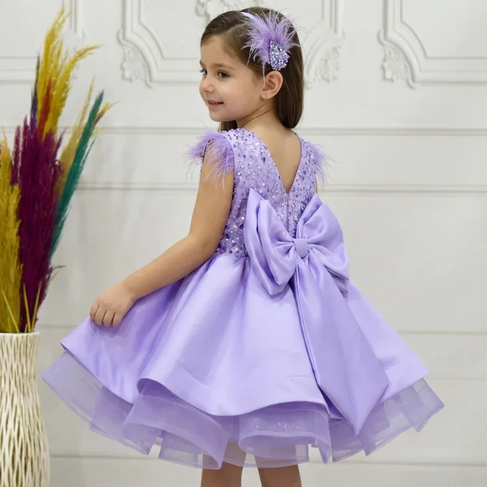 Kız Çocuk Lila Boncuklu Kabarık Elbise Abiye Gelinlik