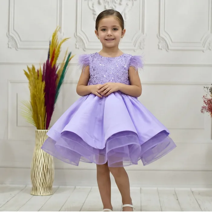 Kız Çocuk Lila Boncuklu Kabarık Elbise Abiye Gelinlik