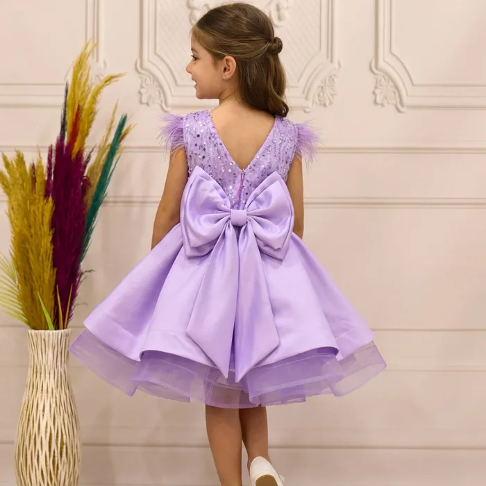 Kız Çocuk Lila Boncuklu Kabarık Elbise Abiye Gelinlik