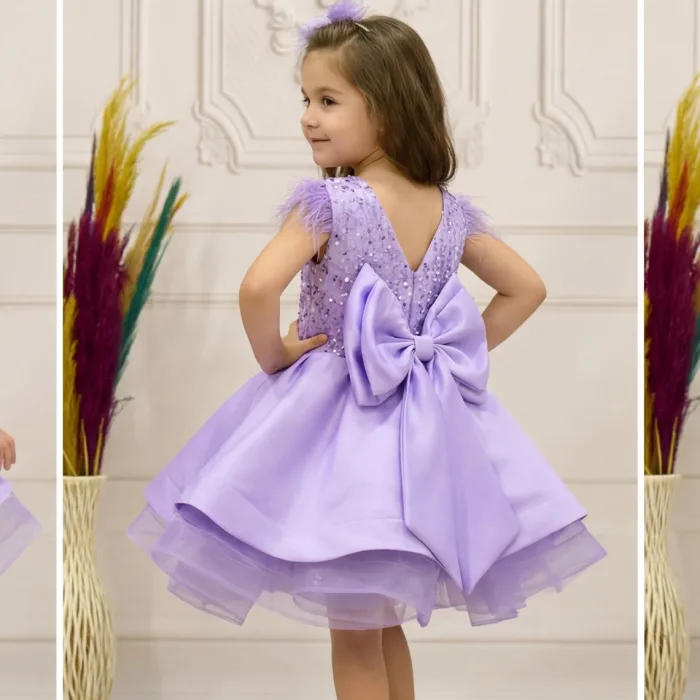 Kız Çocuk Lila Boncuklu Kabarık Elbise Abiye Gelinlik