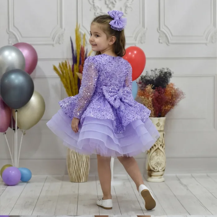 Kız Çocuk Lila Boncuklu Payetli Dekolteli Kabarık Elbise