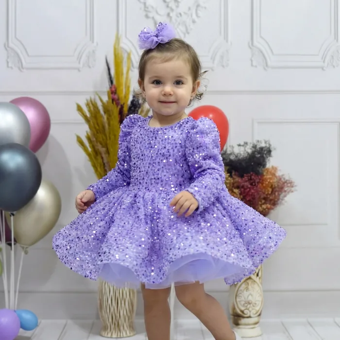 Kız Çocuk Lila Boncuklu Payetli işleme Kabarık Elbise