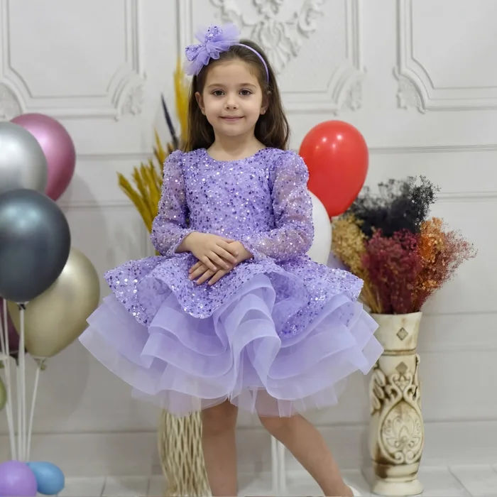 Kız Çocuk Lila Boncuklu Payetli Kabarık Elbise
