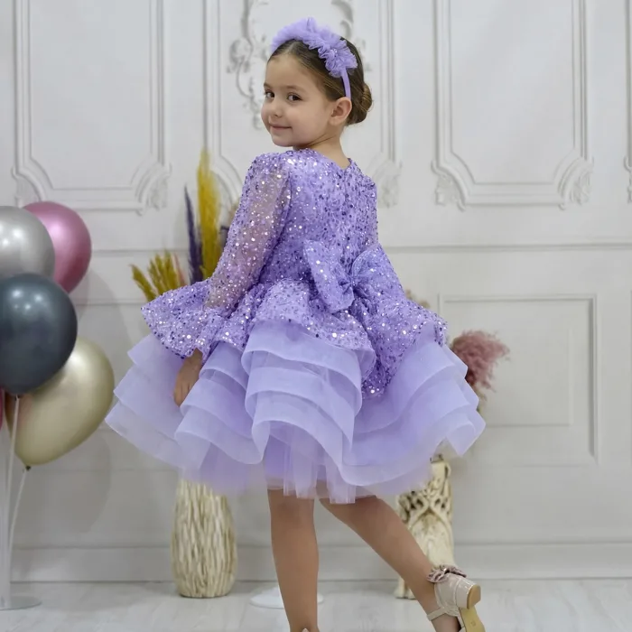 Kız Çocuk Lila Boncuklu Payetli Kabarık Elbise